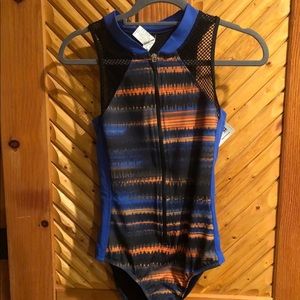 Oakley one piece zip striped swimsuit size M